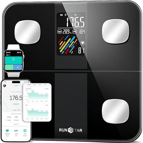 Smart Bathroom Scales, Scales with Large Screen, Connected Scales with 15 Body Measurements, BMI, Heart Rate App, Black (1/5)