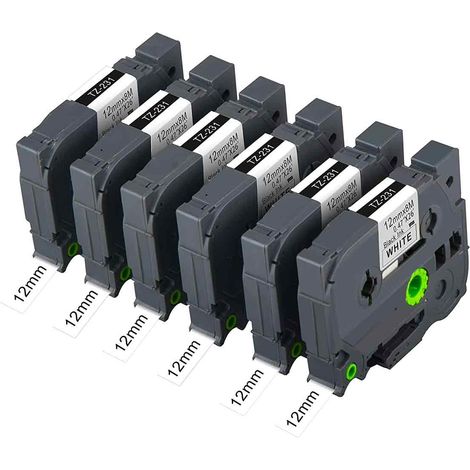 Lot de 6 rubans pour étiqueteuse TZe-231 P-Touch 1/2" x 26,2 pi (12 mm x 8 m) Noir sur blanc Compatible avec BRO PT-1010, (1/5)