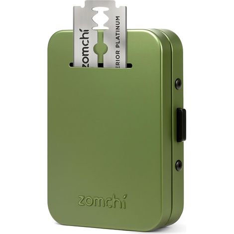 Boîte pour Lames Usagées Double Tranchant, Vert Olive  Conteneur en Métal Compact, Ouverture à Fente, Range les Lames Double Tranchant Usagées, pour Salle de Bain ou Voyage (1/5)