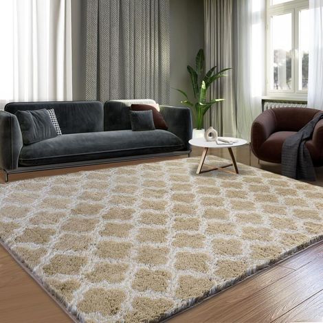 Tapis de salon ultra doux – Idéal pour chambre à coucher, chambre d'enfant, décoration d'intérieur – 160 x 230 cm – Motif grille de fenêtre chameau (1/5)
