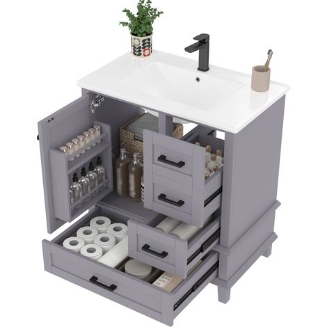 Meuble de salle de bain avec vasque en céramique Gris,meuble sous vasque,avec 3 portes et 1 tiroir,76 x 46 x 83,5 cm,MDF (1/5)