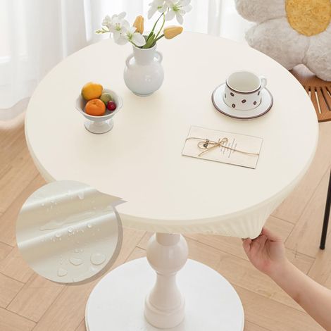 Nappes Rondes 120 cm avec Bord Élastique, Convient aux Tables de 100-110cm, Cuir PU Nappe Ronde Exterieur Anti Taches, Blanc Imperméable Table Cloth pour Jardin Cafe (1/5)