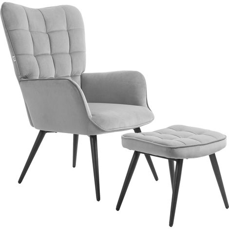 Ohrensessel mit Hocker, Loungesessel, Relaxsessel, Polstersessel mit Samtoptik, Fernsehsessel, Esszimmerstuhl bis 120 kg, Hellgrau