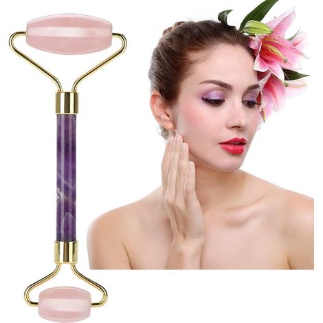 Rouleau de Jade, Masseur Double Embout pour le Visage, les Yeux, le Front et le Cou, avec Manche Lisse pour Lutter contre le Vieillissement et éliminer (Pointe en quartz rose + tige en