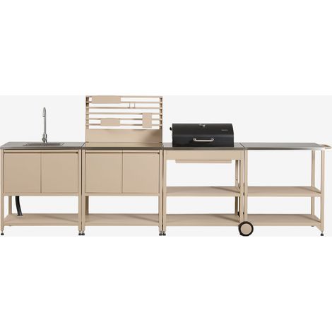 SKLUM Modulare 4-teilige Außenküche mit Spüle, Organizer-Panel, Wagen und Kohlegrill aus Stahl Savona Beige Tapioca (1/5)