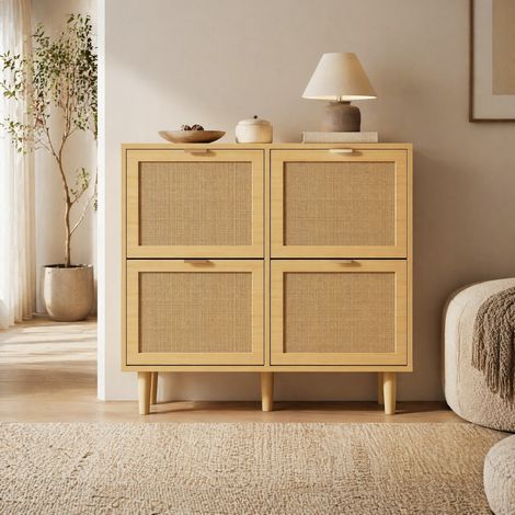 Zapatero con 4 cajones abatibles, diseño de resina trenzada en color madera clara, estructura de tablero de partículas y patas de madera, ideal para recibidor  CHICFURN (1/5)
