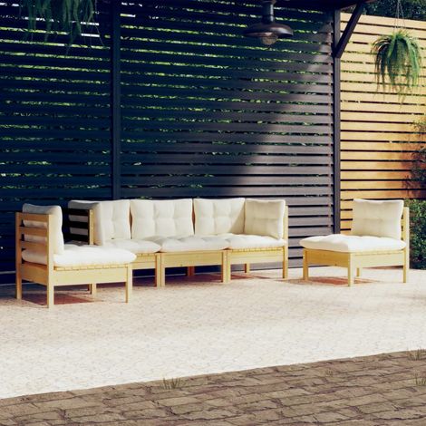 vidaXL 5 Piece Garden Lounge Set with Cream Cushions Solid Pinewood (1/4)