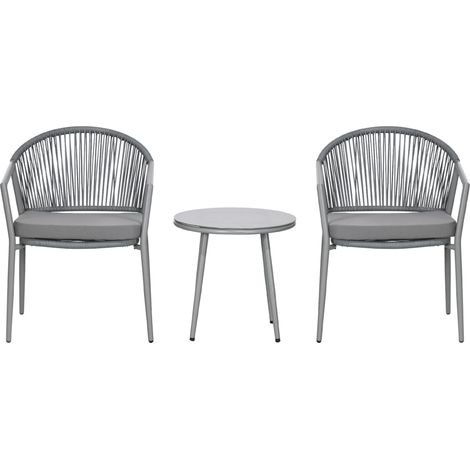 Ensemble mobilier jardin 2 chaises table verre rotin résistant intempéries métal gris (1/5)