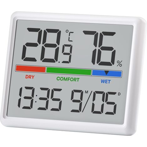 Thermomètre Hygromètre Intérieur Portable, Indicateur de Confort, Affichage LCD avec Horloge, °C/°F, Format 12/24h, Alarme, Fixation Murale/Magnétique/Support, Couleur Blanche (1/5)