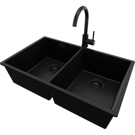 PRIMAGRAN Evier Sous Plan 76x47cm, Evier en Granit 2 bacs + Robinet 32x20cm + Kit de Vidage, Évier au meuble 80cm - London Twin, Tout Noir (1/5)