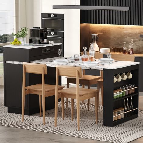Isla de cocina con ruedas, mesa de comedor extensible con iluminación LED, mesa de cocina con enchufes y ganchos, sirve como isla de cocina, aparador o mesa de bar para cocina y comedor (negra). (1/5)
