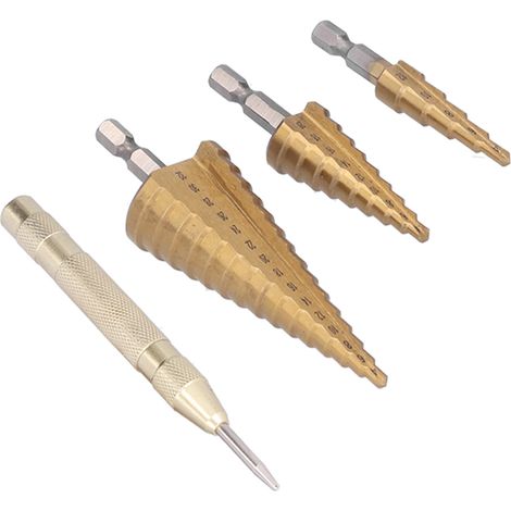 3-teiliger metrischer Stufenbohrer, HSS-Kegel, Sechskantschaft, 4–32 mm, mit automatischem Körner, Pagodenform (1/5)