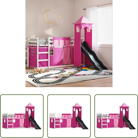 vidaXL Holzbett - Etagenbett mit Rutsche und Gardinen Rosa 90x200 cm (1/5)