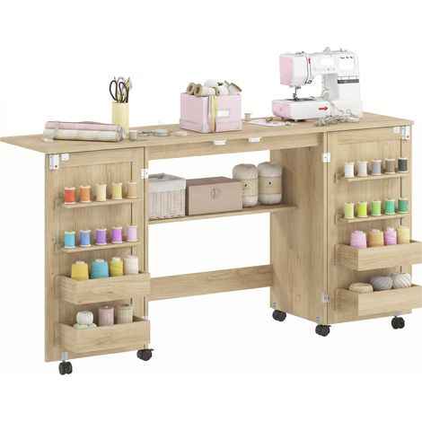 Table de couture - HOMCOM - pliante - roulettes, 2 portes, 4 bacs, 20 crochets - panneau de particules - 160x40x83cm - chêne (1/5)