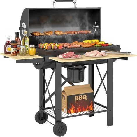 Barbecue Charbon de Bois Chariot Grill de Jardin avec Couvercle Fumoir Tablette Pliable en Bois 109 x 71 x 98 cm Noir