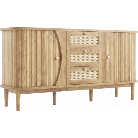 Credenza con ante scorrevoli, cassetti in rattan e ripiani regolabili, 140,5 cm (1/5)