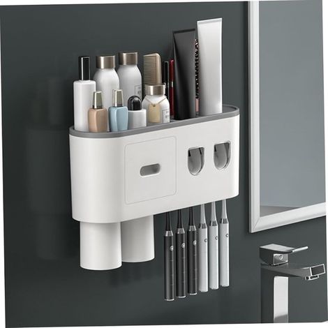 Porta spazzolini da parete, dispenser automatico di dentifricio con 2 coppette magnetiche, 6 scomparti per spazzolini, contenitore e cassetto per riporre gli spazzolini. (1/5)