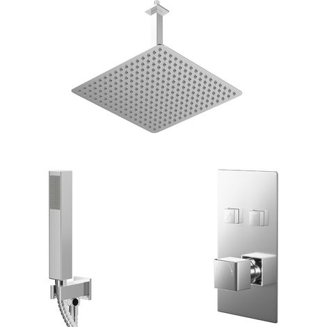 Cubix Polished Chrome Push Button Diverter Concealed Thermostatic Shower Valve and 400mm Square Head with 300mm Ceiling Arm and Outlet Holder with Kit - 2 Outlet (1/5)