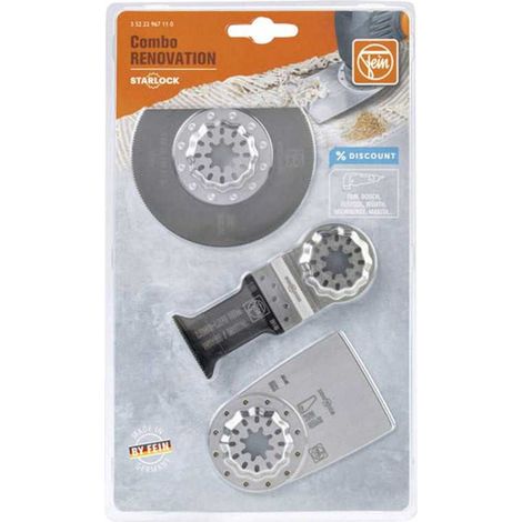 Fein – Kit de 3 lames combo Starlock rénovation – Lames en métal pour outils multifonctions – Longueur 24,7cm – Pour bois dur et teck