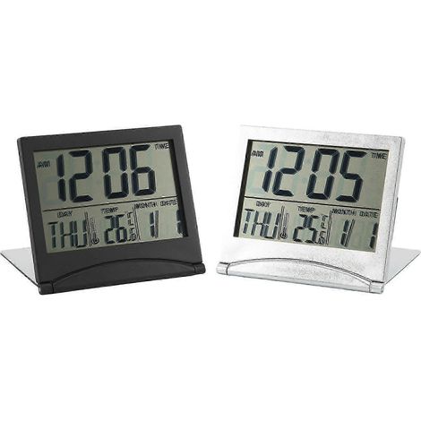 Réveil de voyage numérique (lot de 2), écran LCD pliable avec calendrier, affichage de la température, mode snooze, affichage portable, réveil de bureau. (1/5)