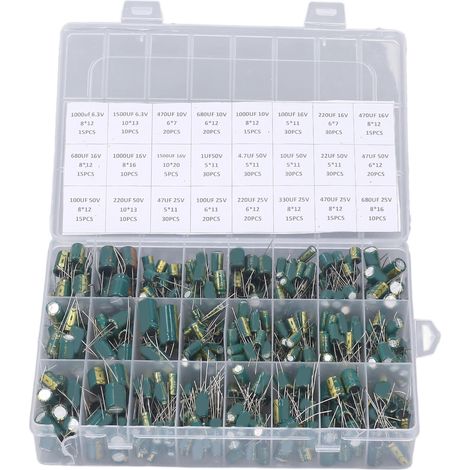Packung mit 460 axialen Aluminium-Elektrolytkondensatoren, viele Werte von 6,3 V bis 50 V, grüne Farbe. (1/5)