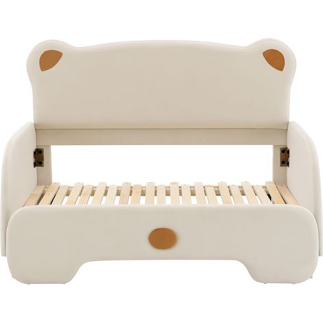 Cama matrimonial con forma de oso en terciopelo beige con cama extraíble y somier de madera (1/5)