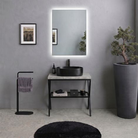 Mobile Bagno A Terra 60Cm Con Cavalletto Metallico Nero Con Mensola In Vetro E Top Beton 60Cm Manchester (1/5)