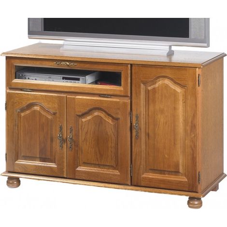 Beaux Meubles Pas Chers – Meuble TV chêne rustique 55 pouces – 3 portes – 1 abattant vitré – 6 niches – Dimensions L120.6 H77 P46.5 cm – Fabriqué en France (1/4)