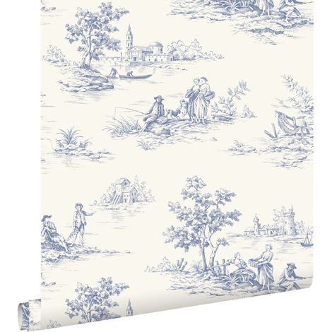 papier peint toile de jouy bleu et blanc - ESTAhome (1/5)