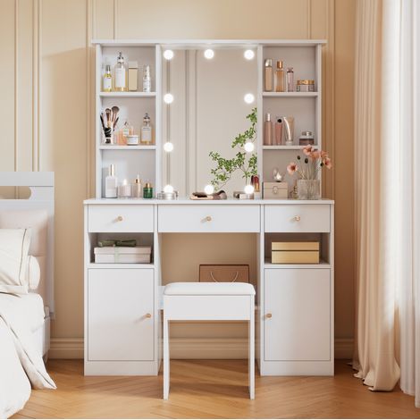 Schreibtisch Schminktisch 110x40x151 mit LED Weiß OKMYHOME (1/5)