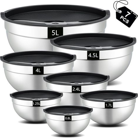 Set de 7 saladier avec couvercle,Saladier en acier inoxydable avec couvercle 5L,4.5L,4L,2.4L,1.7L,1.25L,0.8L,Ensemble de saladier empilables,Lavable au lave-vaisselle (1/5)