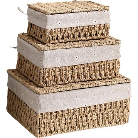 Cestas de almacenamiento tejidas a mano - Juego de 3 (con tapa) - Cuerda de papel resistente y forro antideslizante - Diseño bohemio para dormitorio, baño y juguetes (beige) (1/5)