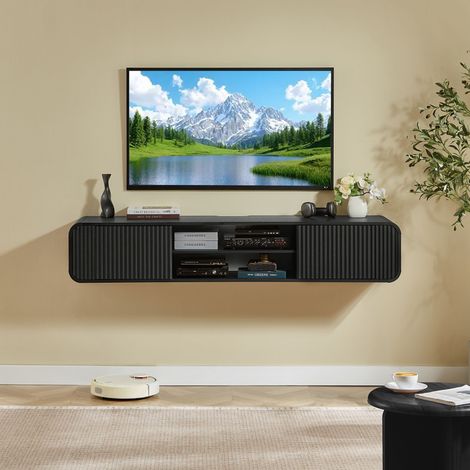 Meuble TV mural de 160 cm, étagères ouvertes, armoire de rangement suspendue pour une utilisation dans le salon, la chambre et d'autres espaces de vie, noir. (1/5)