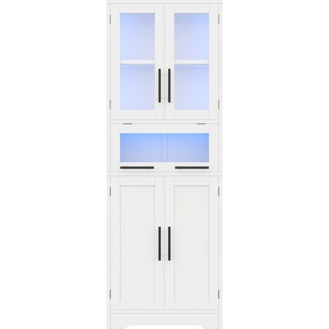 Grand meuble colonne de salle de bains 60×30×170 cm, meuble de rangement sur pied, bande lumineuse LED à commande via application, portes en verre, étagères réglables, style nordique minimaliste, blan