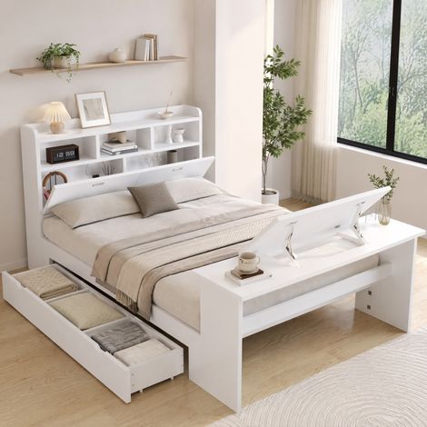 Bett 140x200 cm mit Stauraum, Kopfteilregal, Schublade und Klapptisch, Weiß (1/5)