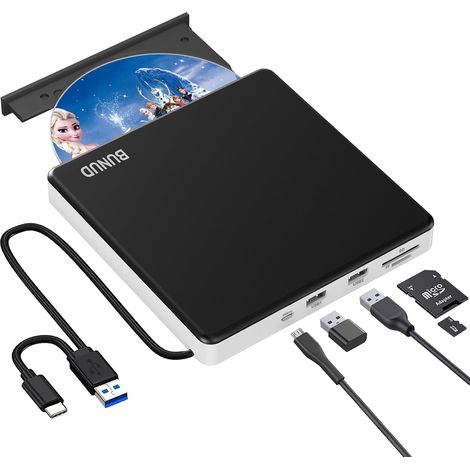 Lecteur CD DVD Externe pour PC: USB 3.0 Type-C Graveur DVD Externe Portable CD/DVD -/+RW Drive - Plug and Play Mince Graveur Externe USB pour Windows 11 Mac Laptop (1/5)