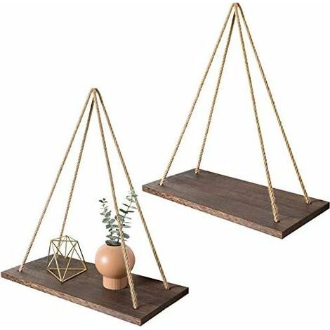 Ensemble de 2 étagères suspendues rustiques en bois vieilli avec corde et crochets (1/4)