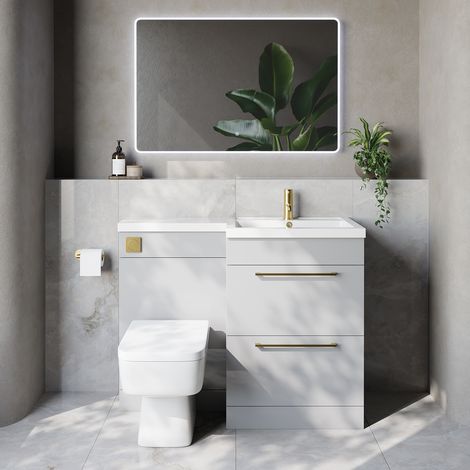 Napoli 460 Gloss Grey Pearl 1100mm 2 Drawer Vanity Unit Toilet Suite with Right Hand Square Lucia Basin - 1100mm - Brushed Brass 320mm HandleWith Kingston Toilet Pan and Seat