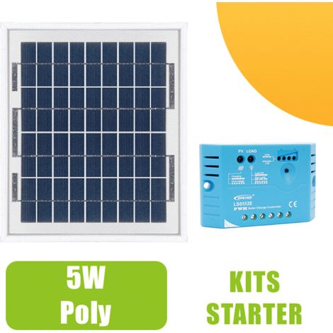 Kit panneau solaire polycristallin 5W 12V et régulateur 5A (1/5)