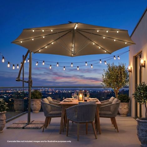 Solomoon - Sombrilla de jardín lateral ø 350 cm con 32 LED solares con manivela en acero beige (1/4)