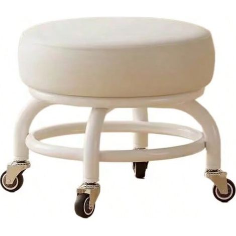Petit Tabouret Bas avec Poulie, , Repose-Pieds, Circulaire,Tabouret à Chaussures pour Salon Chambre 34×34×26CM Blanc (1/4)