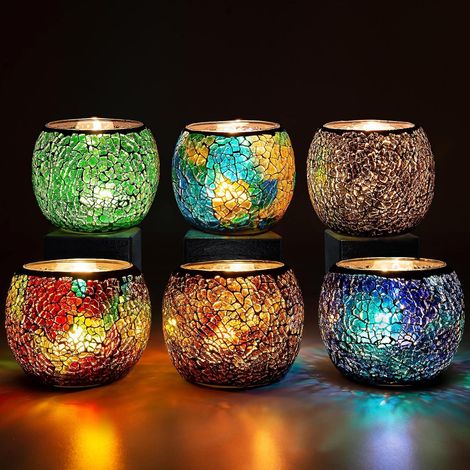 Bougeoir Verre en Mosaïque, 6 Pièces Photophore Bougeoir Chandelier Romantiques, Décoration De Porte-Bougie Coloré Fait à La Main pour Anniversaire, Mariage, Noël, Fête, Centre De Table (1/5)
