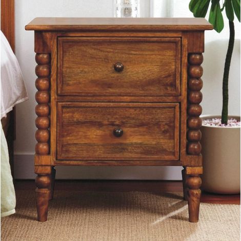 Comodino classico in legno massello marrone, finitura rovere, 2 cassetti, gambe tornite a fuso