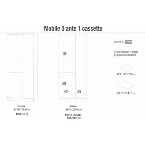 SPACER - armadio compatto con tre ante e un cassetto