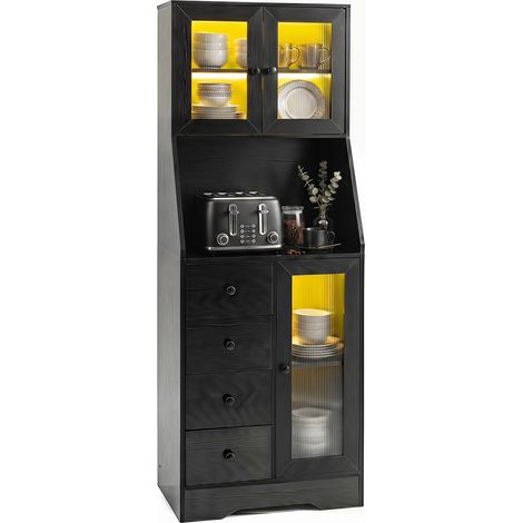 Buffet Haut Cuisine 163cm à Éclairage LED, Armoire Cuisine avec Portes Vitrées Translucides, Tiroirs&Étagère Réglable, Style Minimaliste, Noir (1/5)