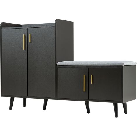 Banc à chaussures moderne en bois de noyer noir, meuble à chaussures, équipé de quatre portes de rangement, poignées métalliques asymétriques, B120/D34/H82 (1/5)