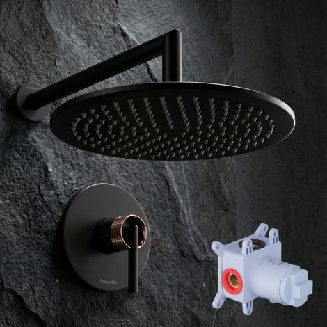 Ensemble de douche encastré PaulGurkes en noir mat avec douche pluie en rose doré