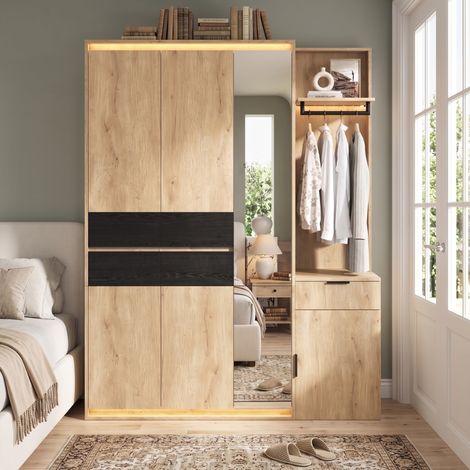 MODFU – Set vestidor 155x47x200 cm de MDF con espejo, 3 LED, 5 cajones, 3 roperos y carga 30/20 kg – Antracita/roble (1/5)