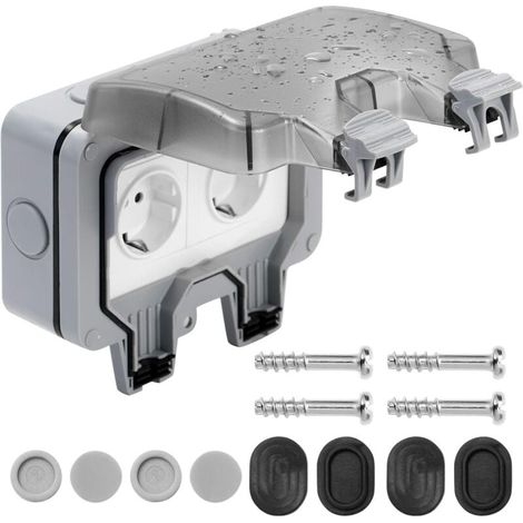 Prise extérieure double étanche IP66, avec interrupteur et couvercle de protection. Sécurisée pour usage en extérieur, résiste aux intempéries. (1/4)