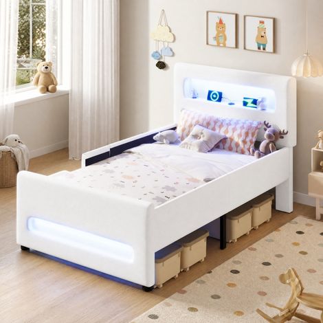 Letto singolo imbottito 90 x 200 cm con gradino, cassetti, LED, USB e vani portaoggetti, bianco (1/5)